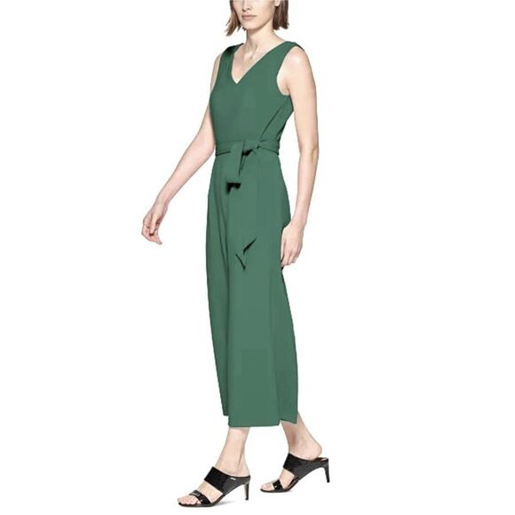 NWT Calvin Klein Green Crinkle‎ Wide Leg Crop Jumpsuit Sz 14 Sleeveless Belted - Picture 3 of 16